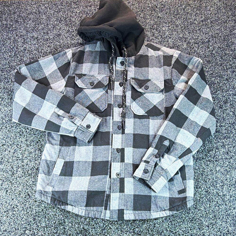Airwalk Hooded Sherpa Lined Plaid Shacket Jacket Gray Black Men’s S Button